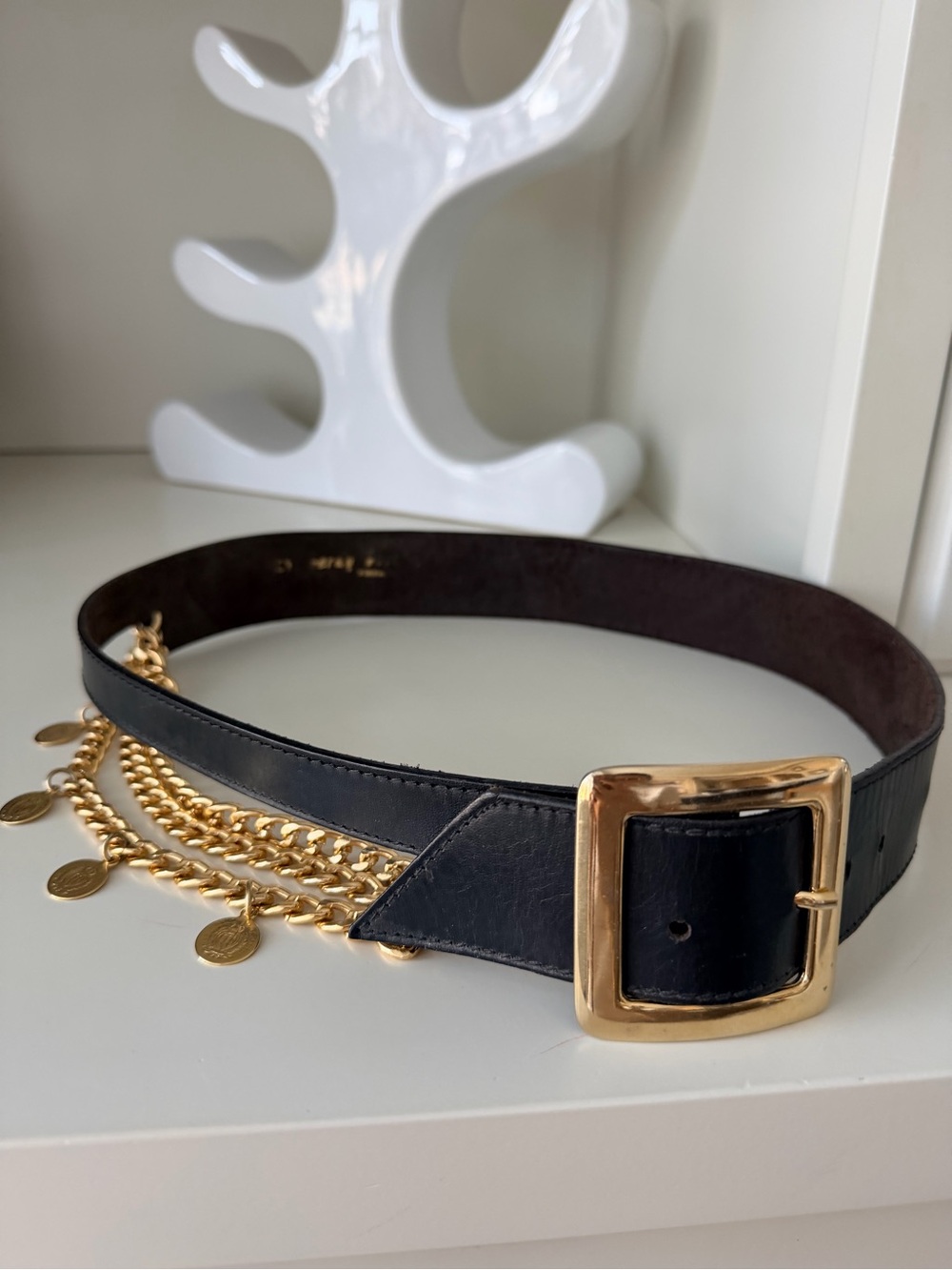 Vintage Y2K 90’S Leather Chain Square Buckle Black Belt Women Made Italy SZ S/M